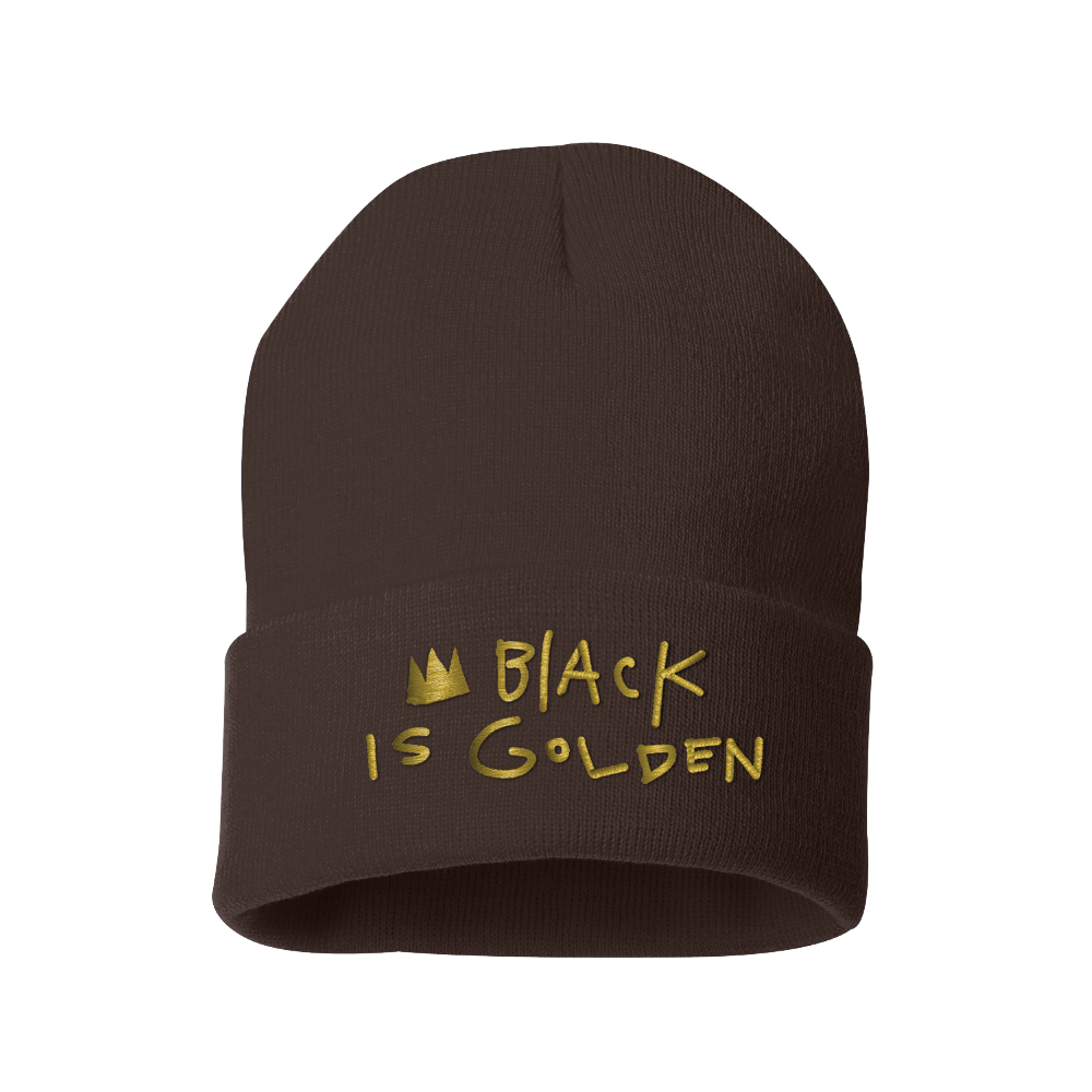 Black Is Golden gold album logo brown beanie front Wyn Starks